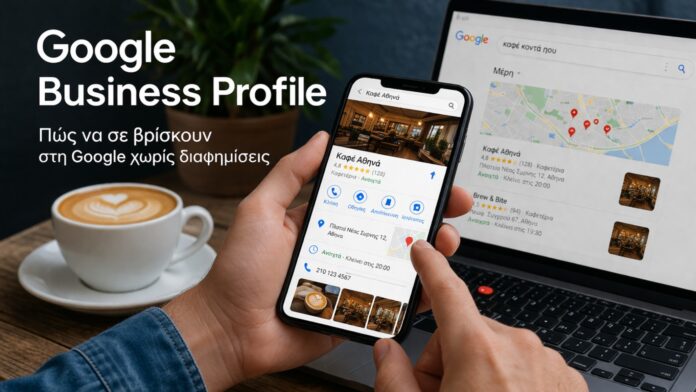Google Business Profile σε κινητό με καφέ στο background, παράδειγμα τοπικής αναζήτησης επιχείρησης στη Google Maps