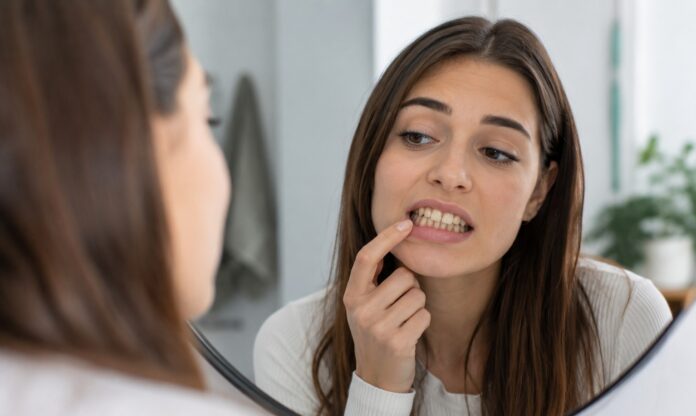 orthodontikos-0 Γυναίκα παρατηρεί τα στραβά δόντια της στον καθρέφτη